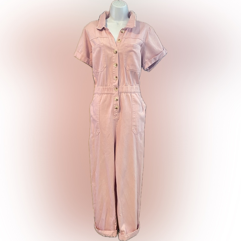 Show me your Mumu Cannon jumpsuit pink denim short sleeve button front 2XX